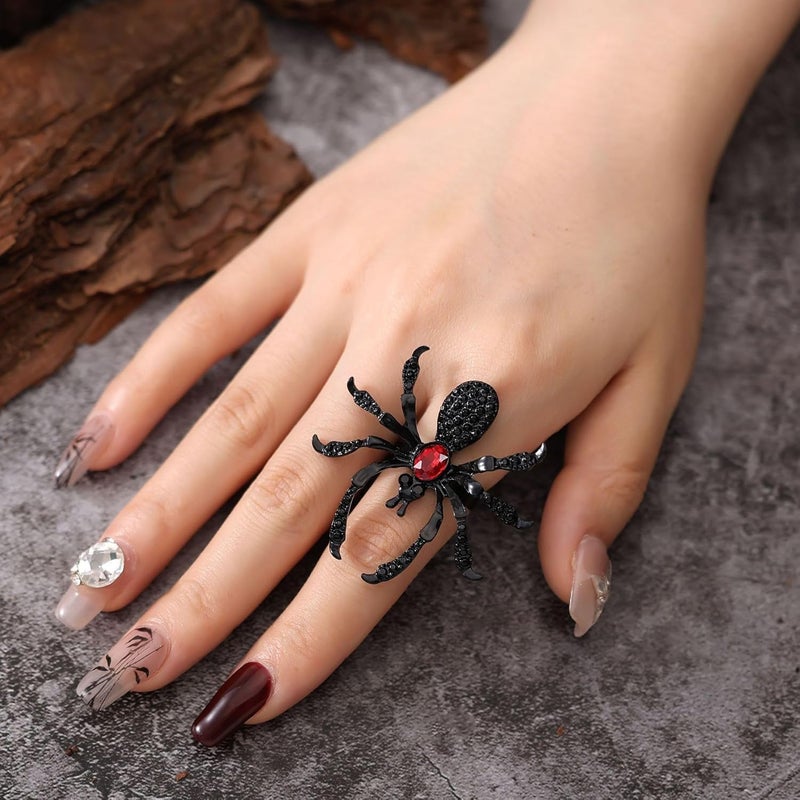 ANGLEQUEEN Punk Halloween Spider Rings for Women Knuckle Black Spider Web Bat Ring Gothic Vintage Dark Crystal Ring Red Rhinestone Statement Rings Halloween Witch Jewelry - Image 1